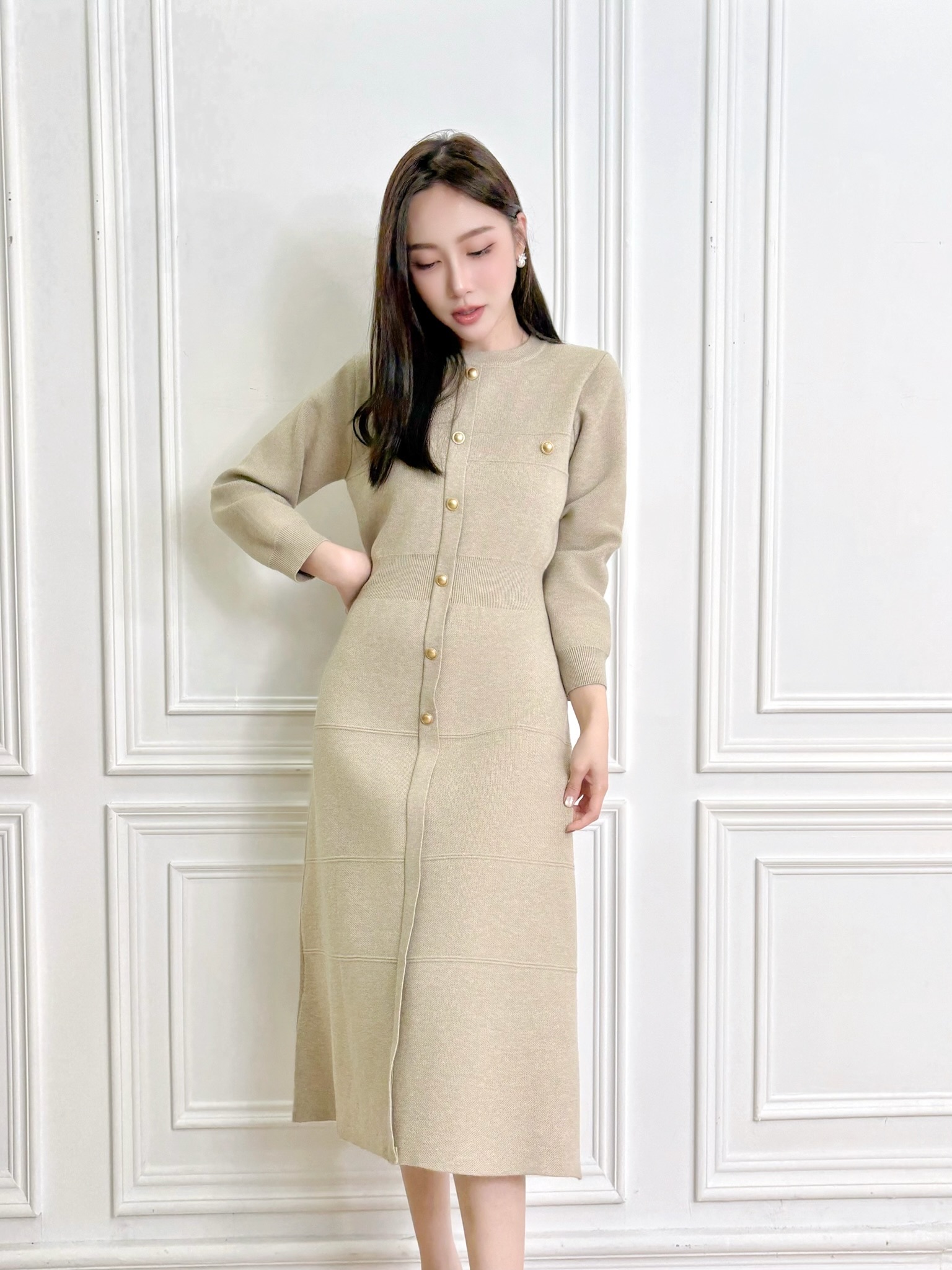 金釦針織傘擺長袖洋