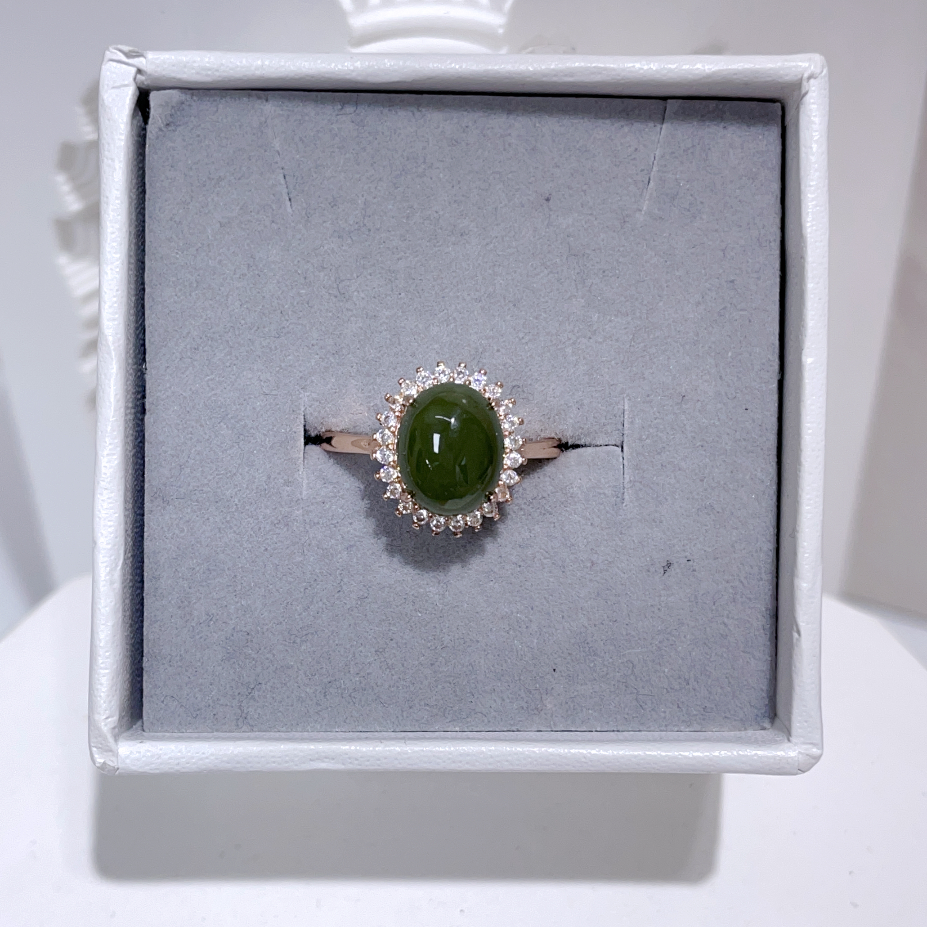 純銀玫瑰金色花邊蛋形和田玉戒指