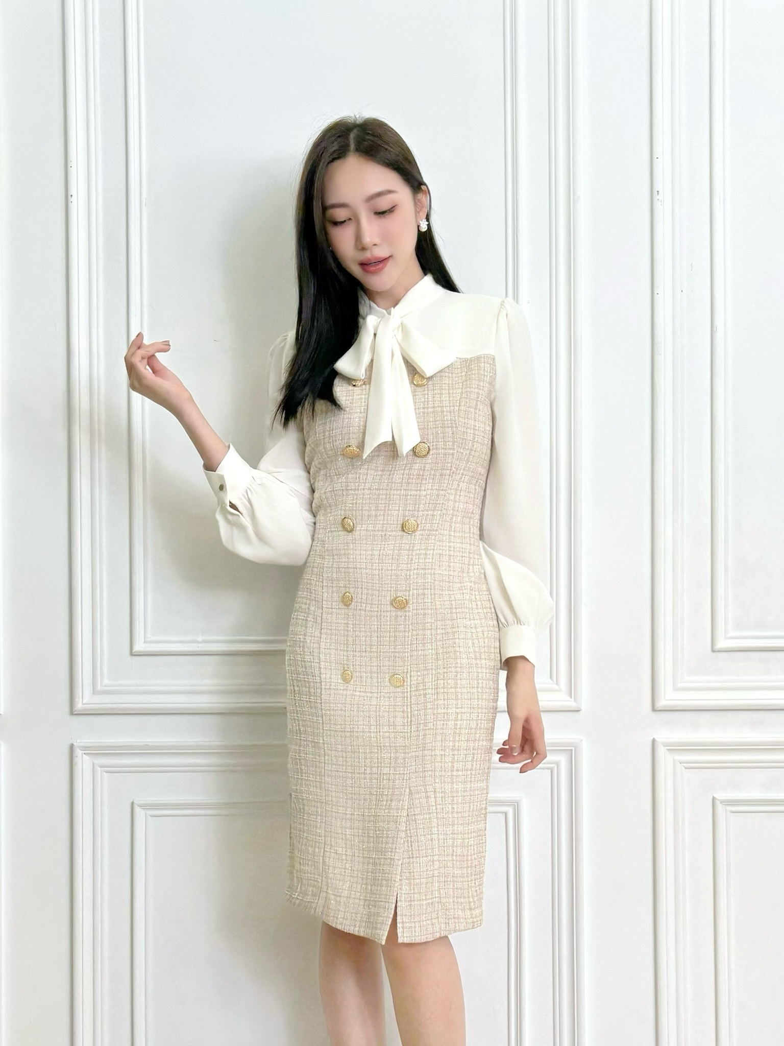 雙排金釦毛呢領巾洋