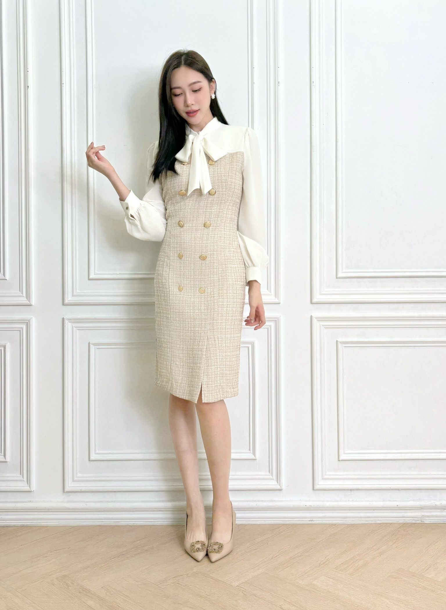 雙排金釦毛呢領巾洋