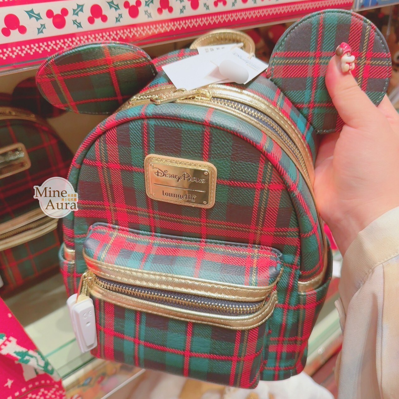 聖誕節系列 米奇 Mickey 立體耳朵造型 格紋設計 後背包 -香港迪士尼樂園