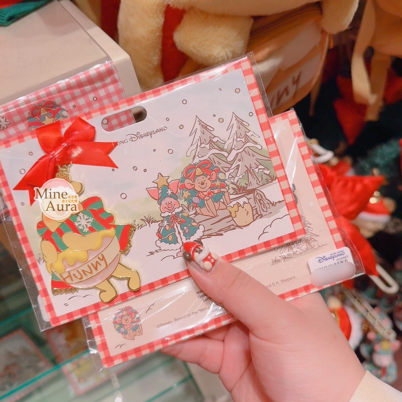 聖誕節系列 小熊維尼 Winnie the Pooh 小豬 皮傑 piglet 蝴蝶結 紅白框 圖案 明信片 -香港迪士尼樂園