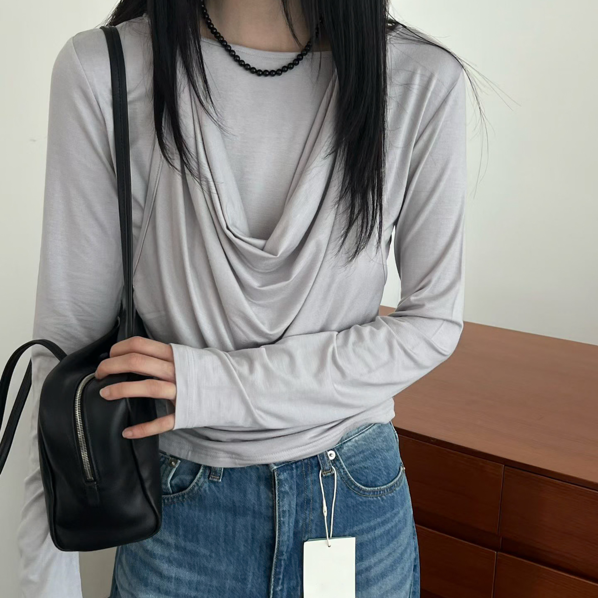 N30 莫代爾軟Q假兩件滑料Rayon上衣(灰)