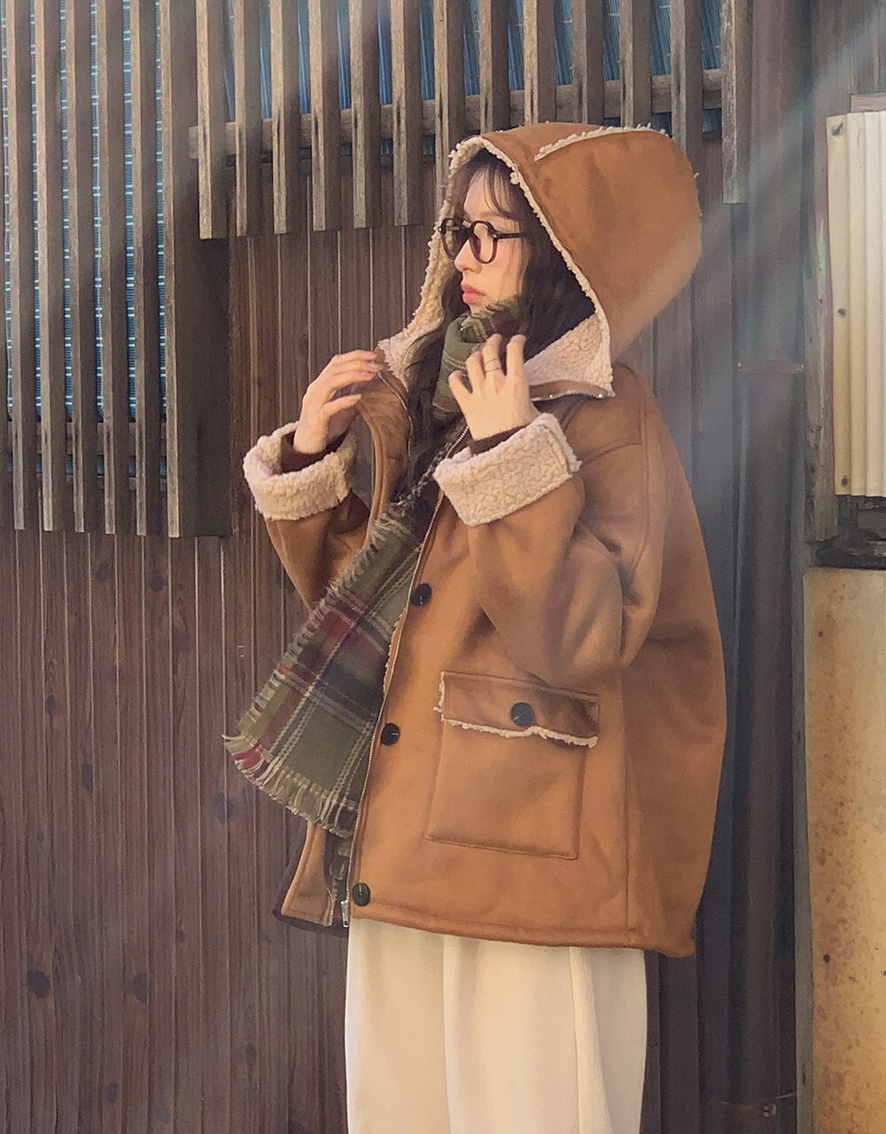 韓國grace muse授權 冬日感性麂皮內刷毛連帽外套