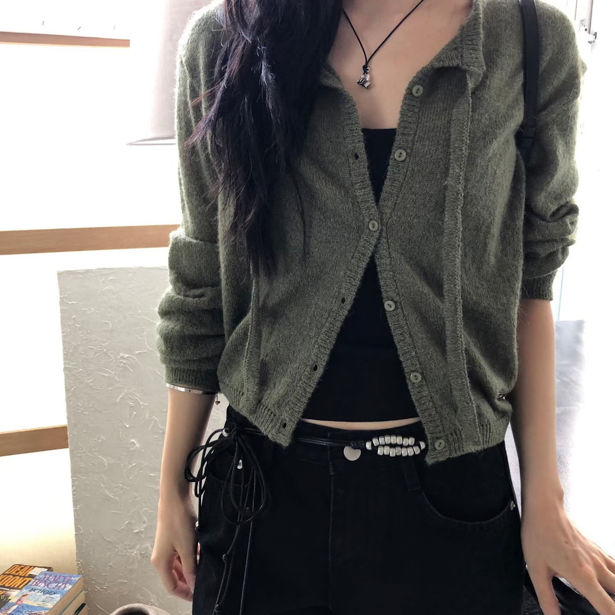 N35 側邊小金屬標綁帶羊毛針織衫(綠)