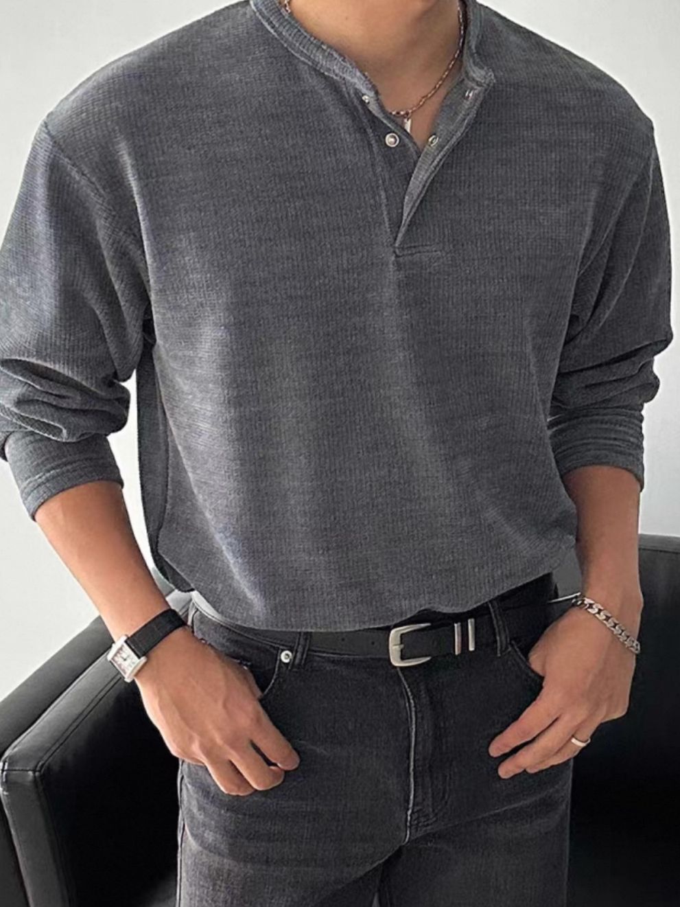 淨色半開胸長袖衫 T5834