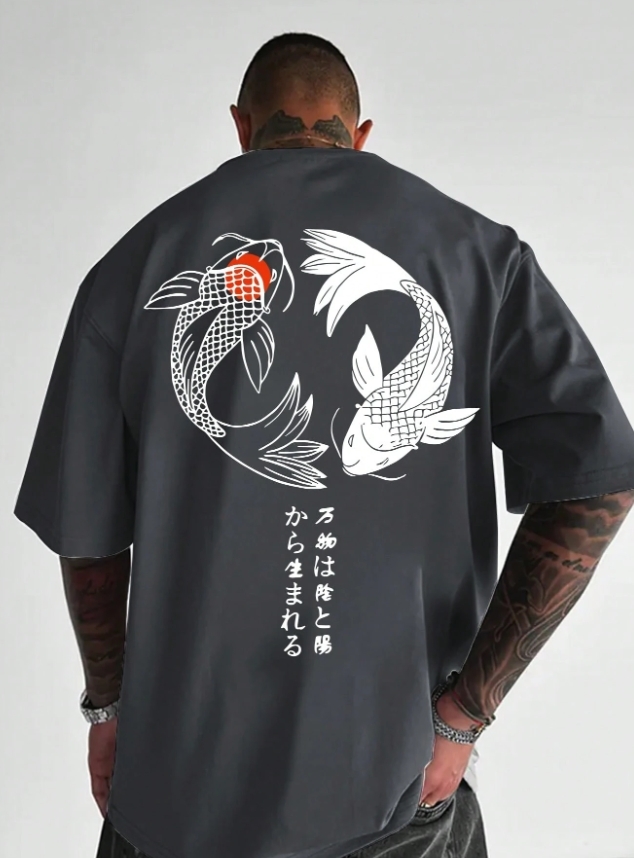 KADMAX大尺碼-大碼男圓領日式鯉魚印花短袖TEE〈KSMS2647〉