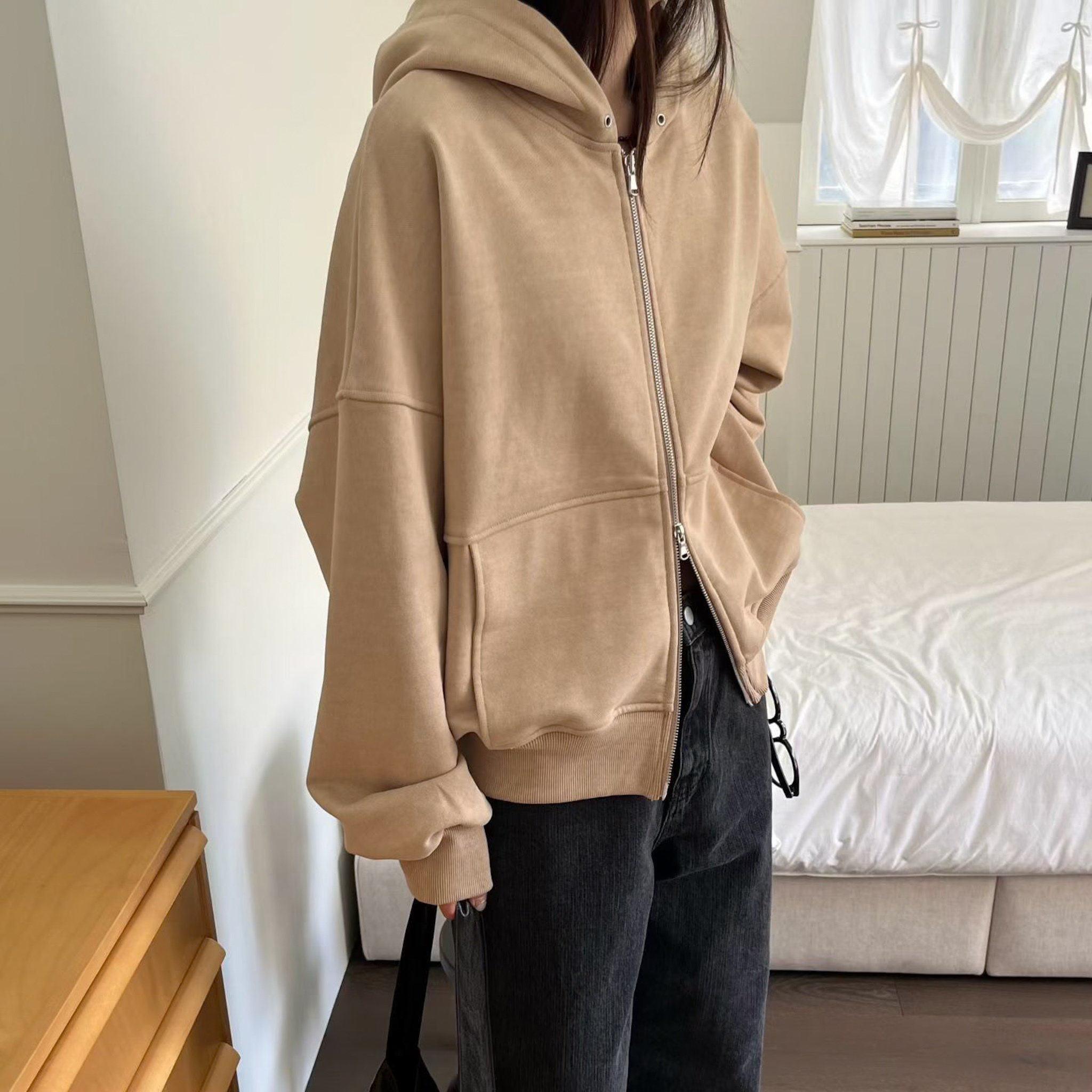 N03 版型正!雙開拉鏈寬鬆連帽外(奶茶)