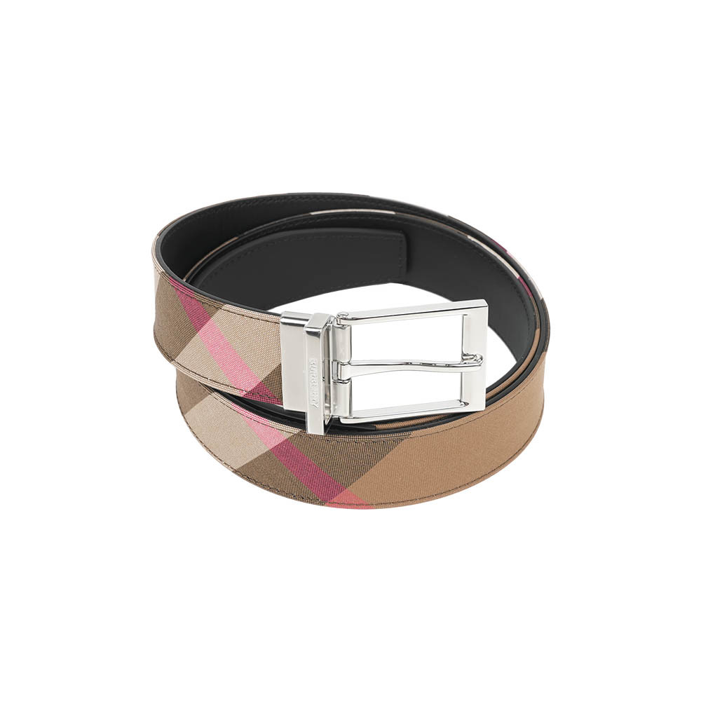 【Burberry】方形指針釦棉質格紋雙面可用 85/95/100/105cm 寬3.5cm皮帶(灰褐色)