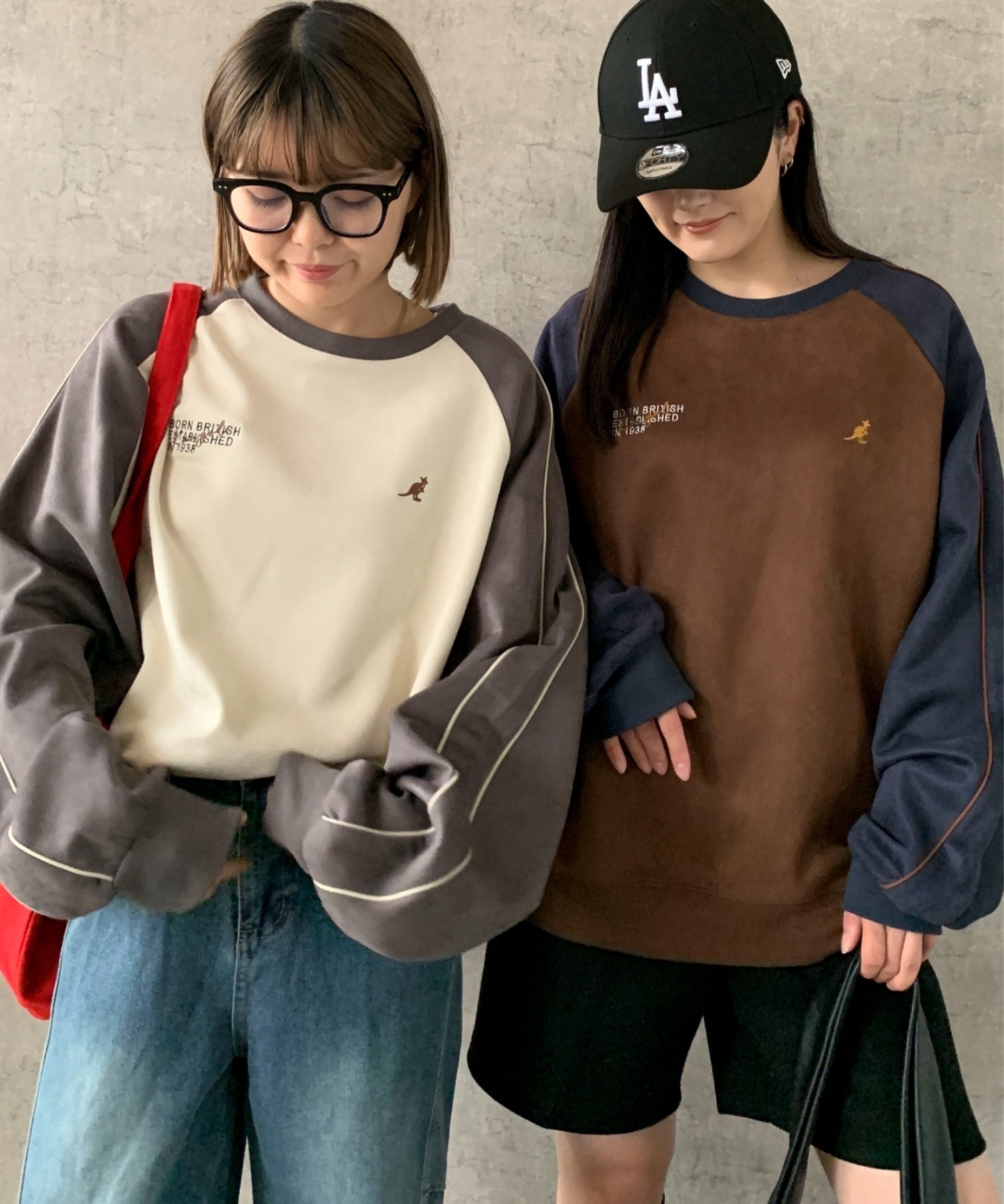 KANGOL / faux suede embroidered raglan top