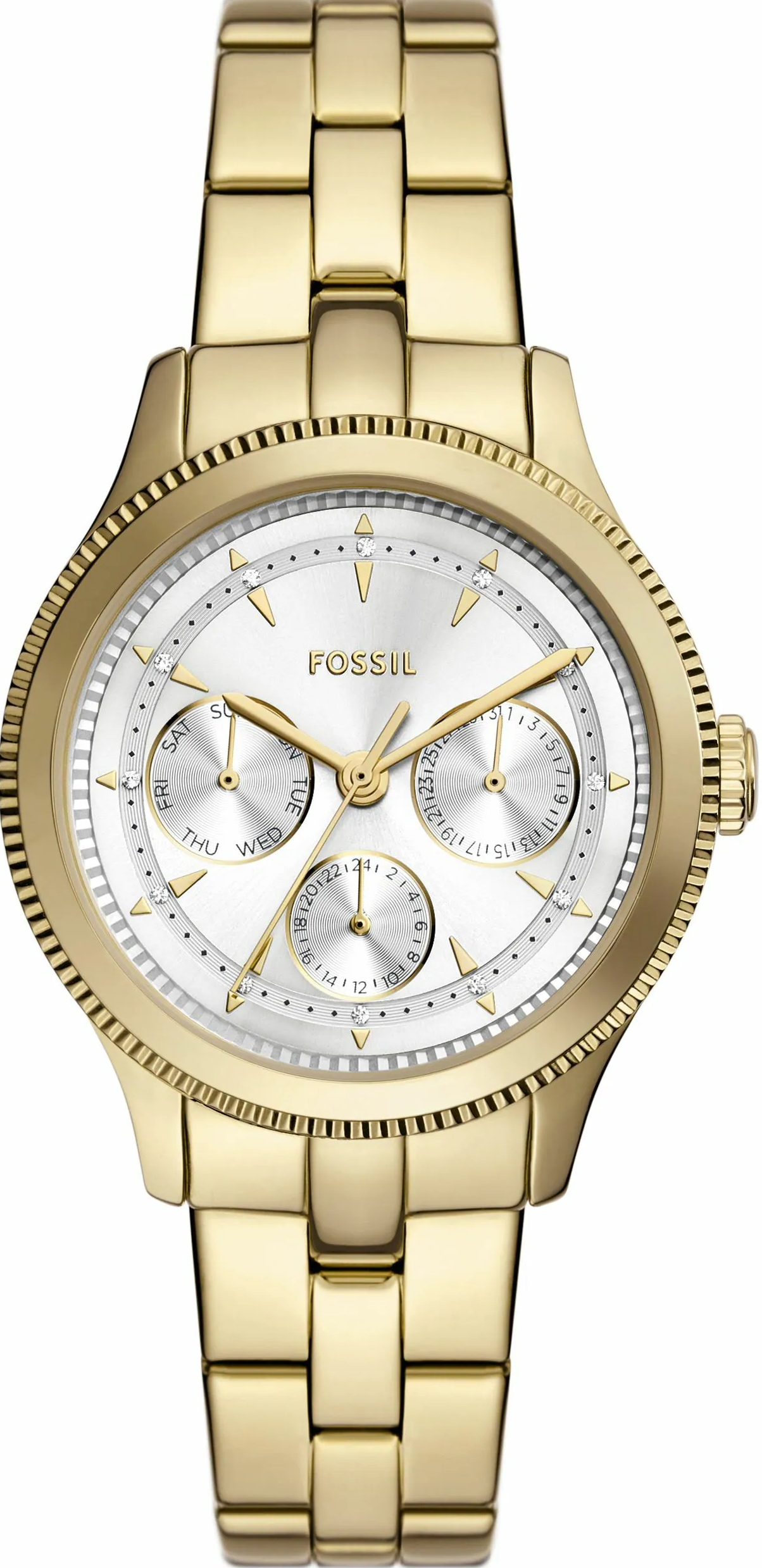 萬年鐘錶 - Fossil  簡約金色三眼不鏽鋼女錶 BQ3994 錶徑38MM