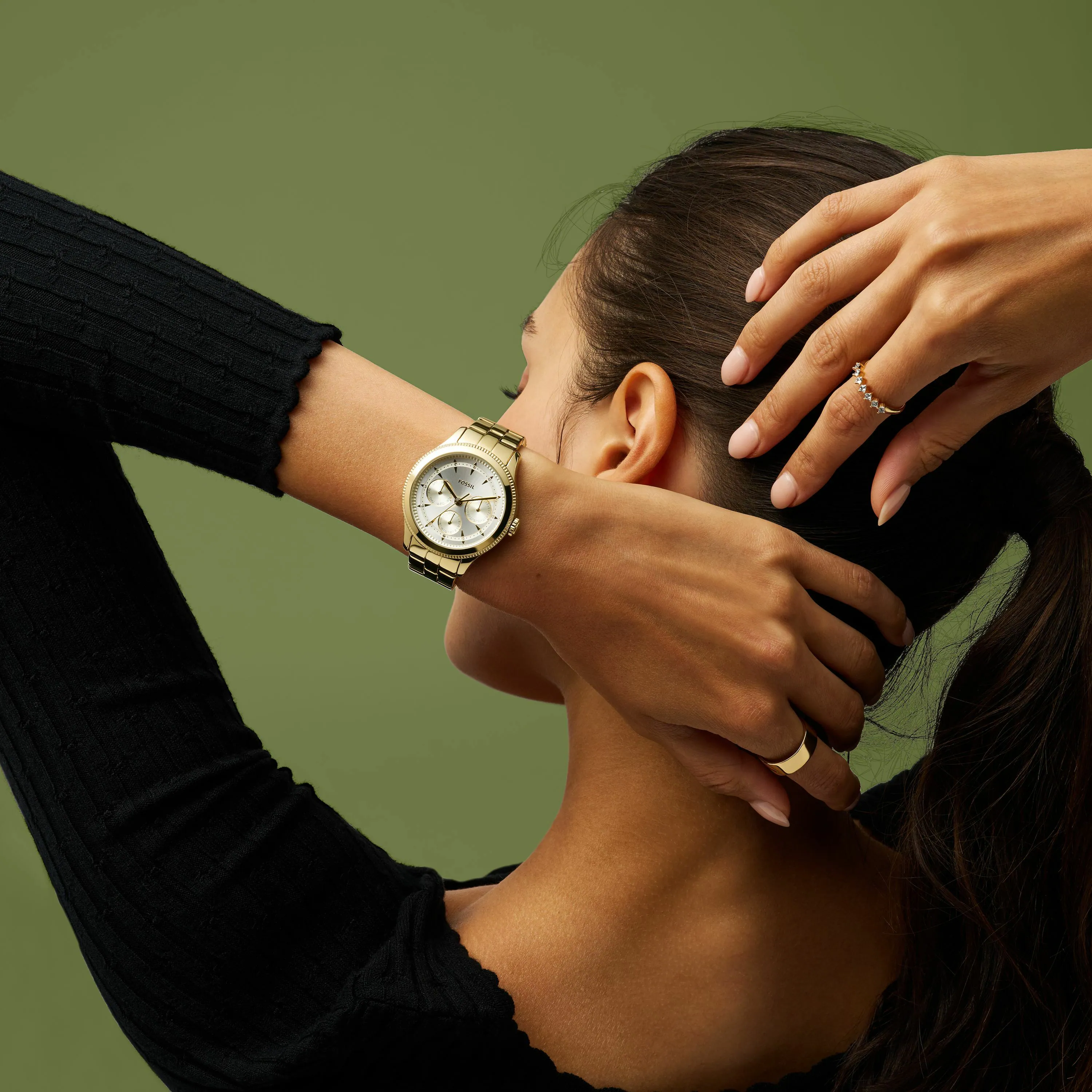 萬年鐘錶 - Fossil  簡約金色三眼不鏽鋼女錶 BQ3994 錶徑38MM