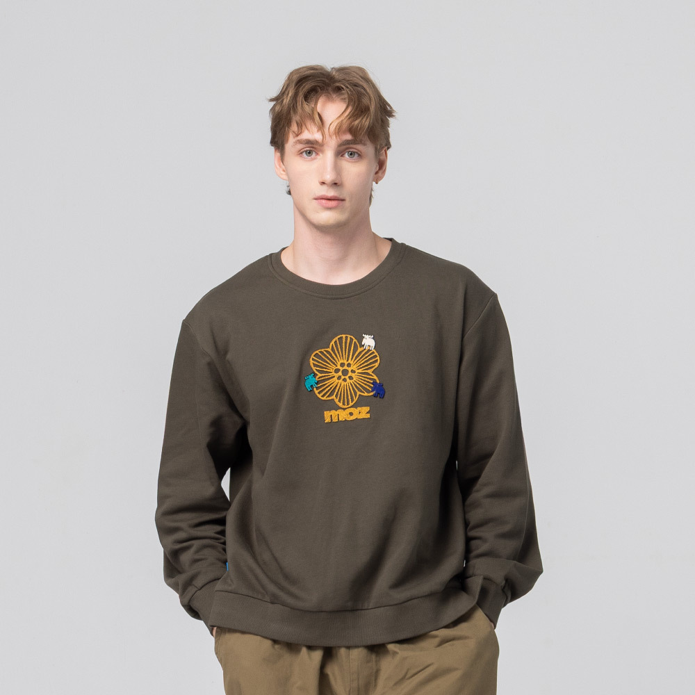 絨毛繡 駝鹿Bloom 100%純棉 大學T-軍綠(亞洲版) 開衩 男款