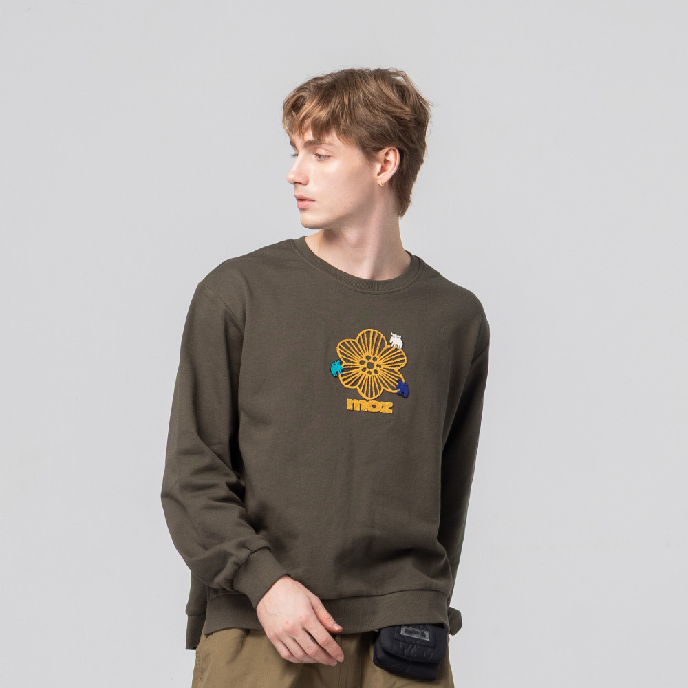 絨毛繡 駝鹿Bloom 100%純棉 大學T-軍綠(亞洲版) 開衩 男款