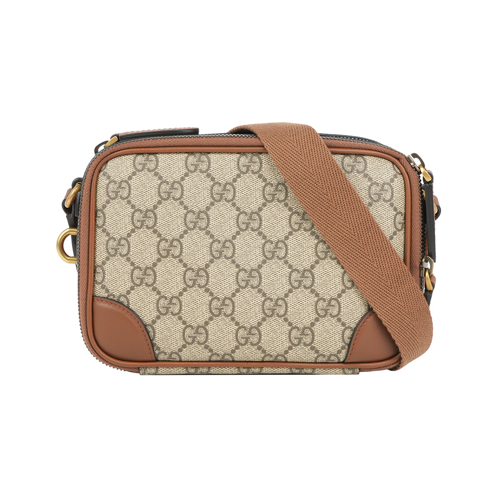 【GUCCI】GG Emblem 迷你雙拉鍊斜背包(烏木/深棕色)