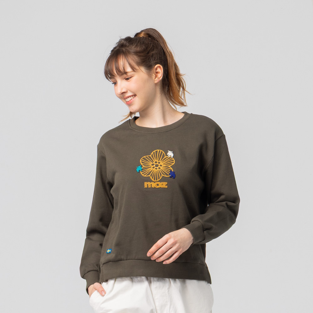 絨毛繡 駝鹿Bloom 100%純棉 大學T-軍綠(亞洲版) 開衩 女款