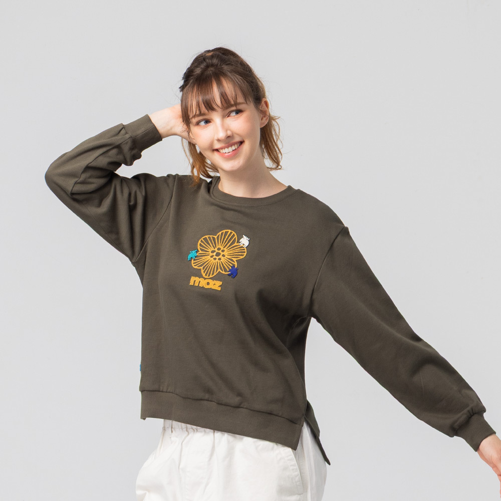 絨毛繡 駝鹿Bloom 100%純棉 大學T-軍綠(亞洲版) 開衩 女款