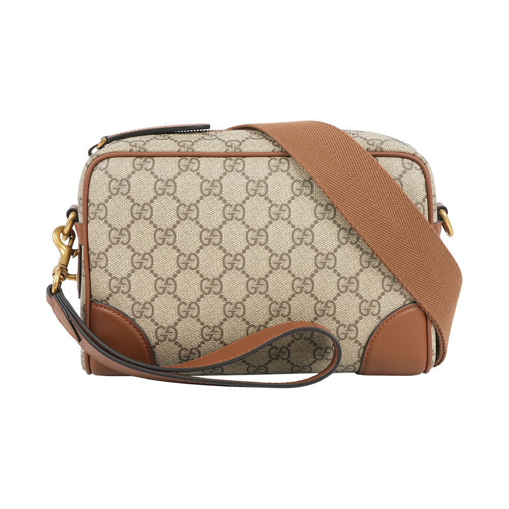 【GUCCI】GG Emblem 小款拉鍊斜背包(烏木/深棕色)