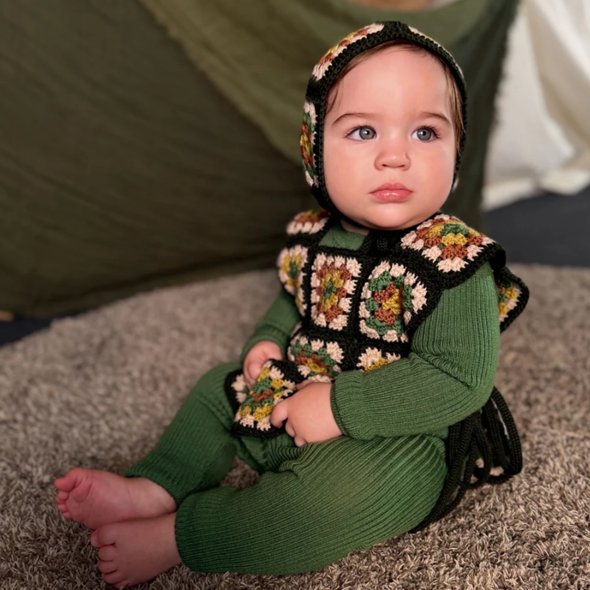 MABLI 側綁帶手工復古奶奶鉤織背心 BABA VEST - IVY MIX