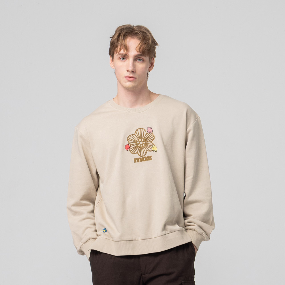 絨毛繡 駝鹿Bloom 100%純棉 大學T-淺卡其(亞洲版) 開衩 男款