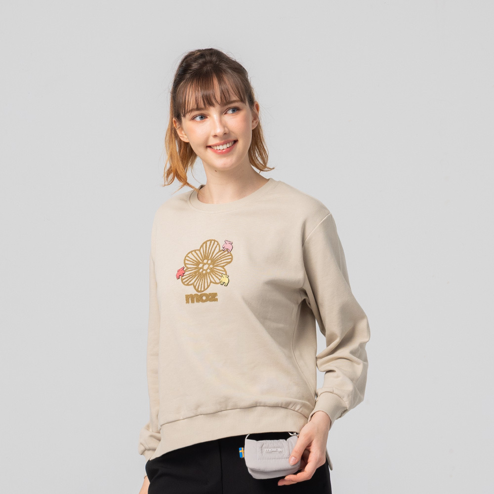 絨毛繡 駝鹿Bloom 100%純棉 大學T-淺卡其(亞洲版) 開衩 女款