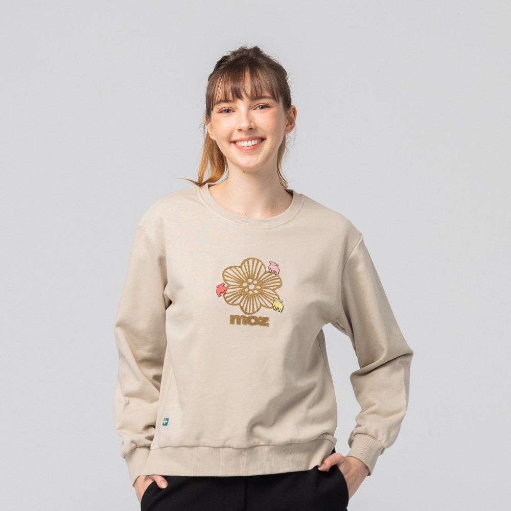 絨毛繡 駝鹿Bloom 100%純棉 大學T-淺卡其(亞洲版) 開衩 女款