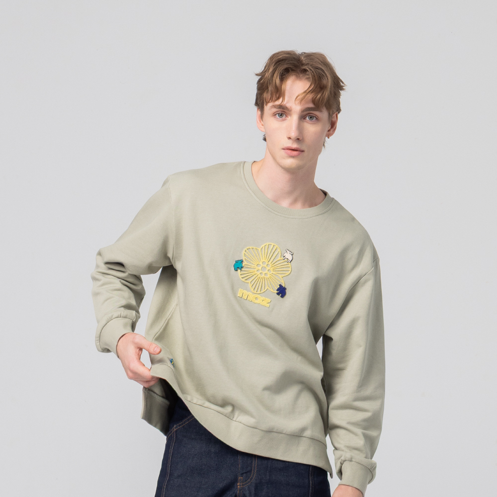 絨毛繡 駝鹿Bloom 100%純棉 大學T-橄欖綠(亞洲版) 開衩 男款