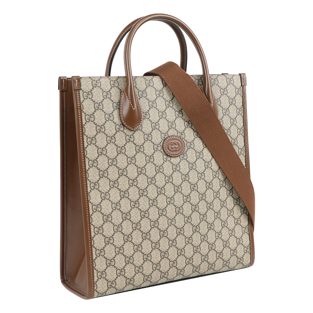 【GUCCI】Interlocking G 塗層帆布及皮革托特包(棕色)