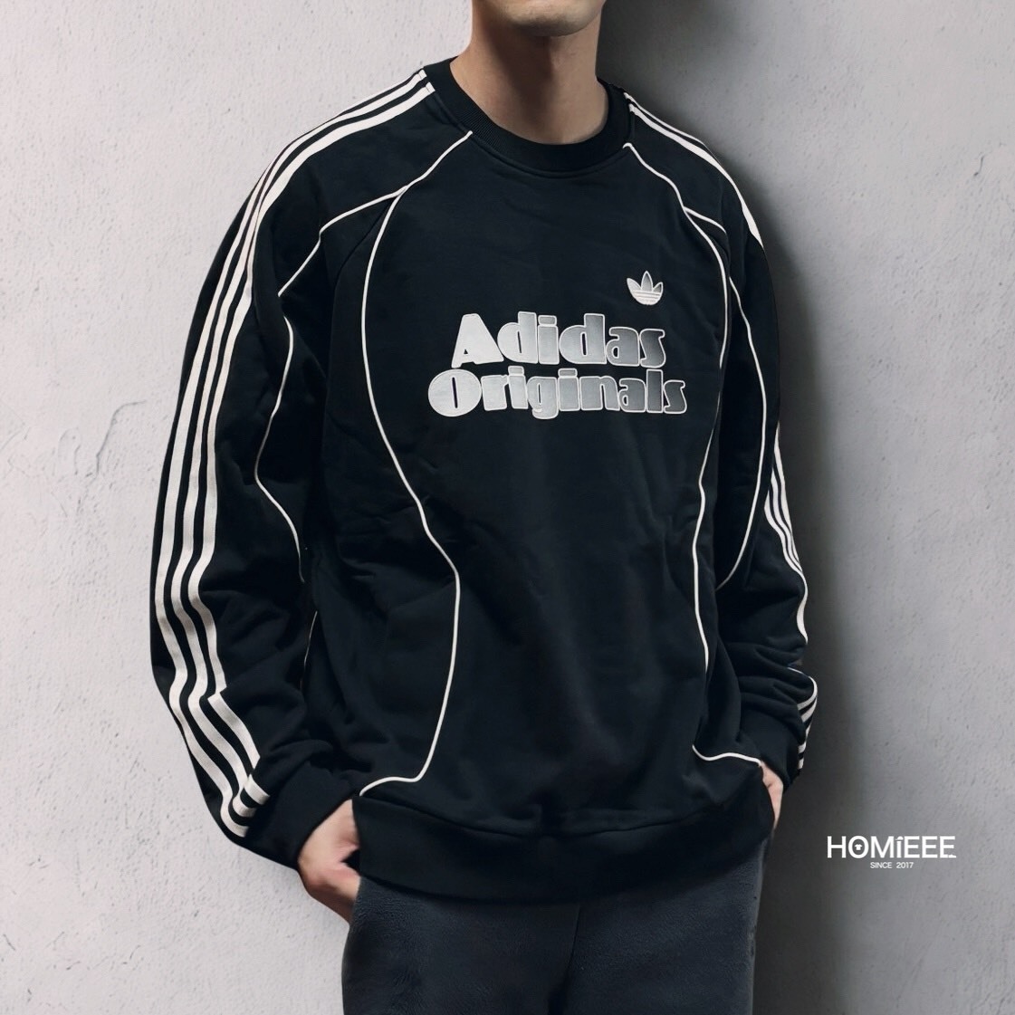 Adidas Originals Crew 衛衣 三葉草 線條 黑色 男女可穿 [JN3792]