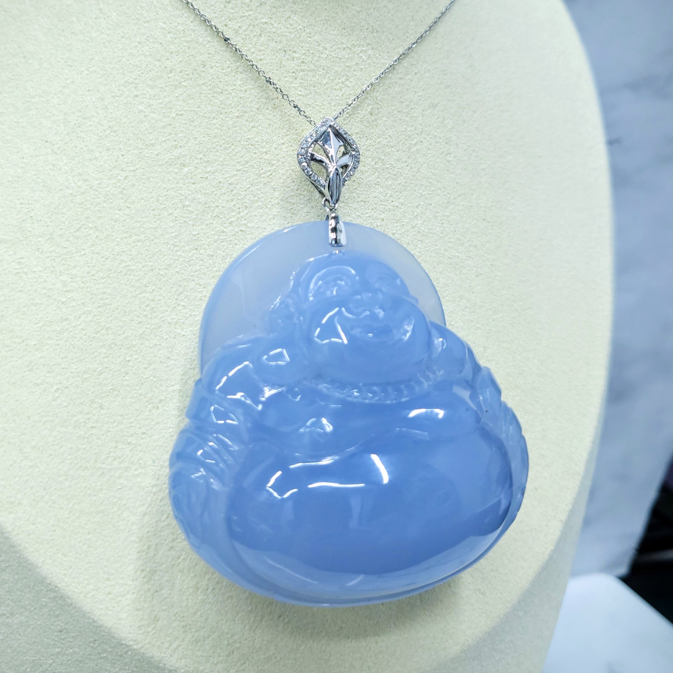 全新18K白金7份鑽石藍玉髓吊墜