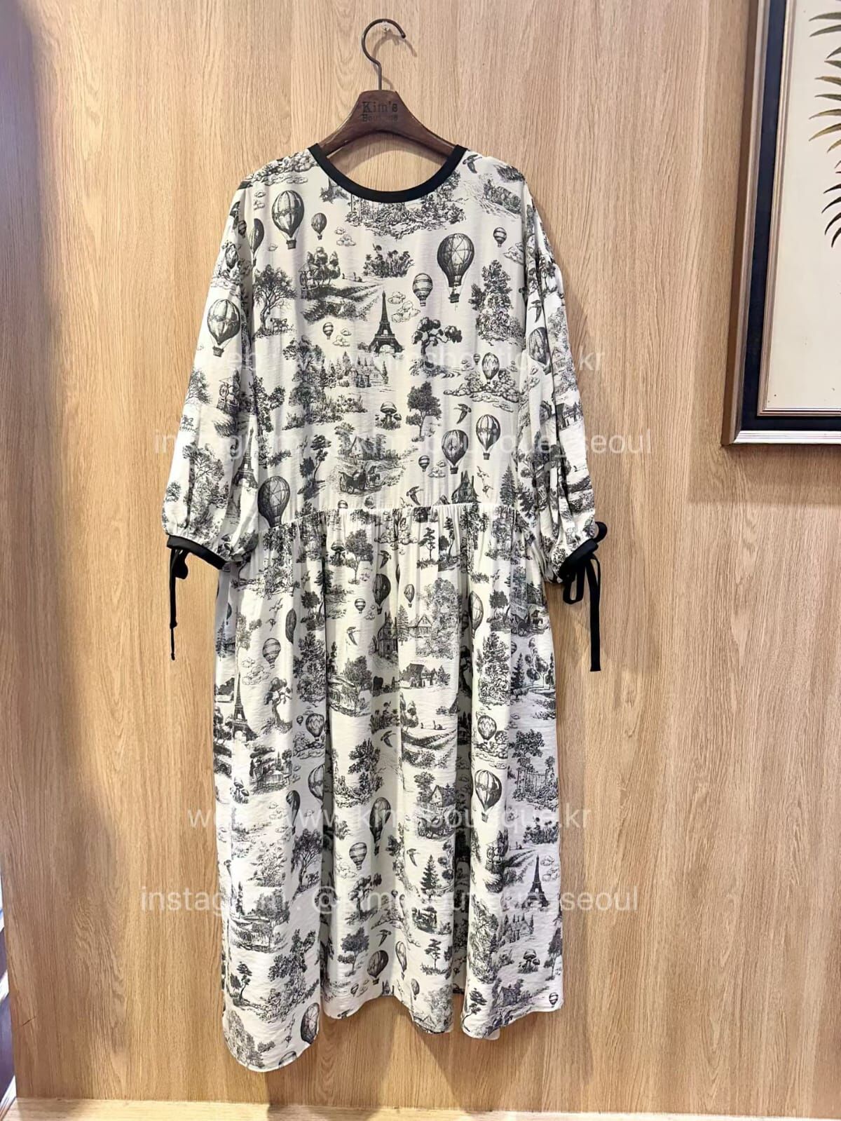 KM5209 黑白圖案泡泡袖洋裝