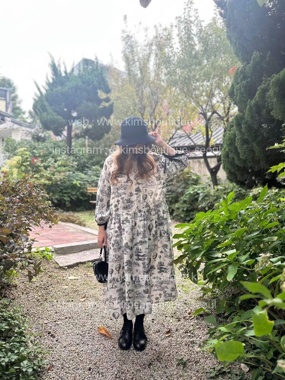 KM5209 黑白圖案泡泡袖洋裝