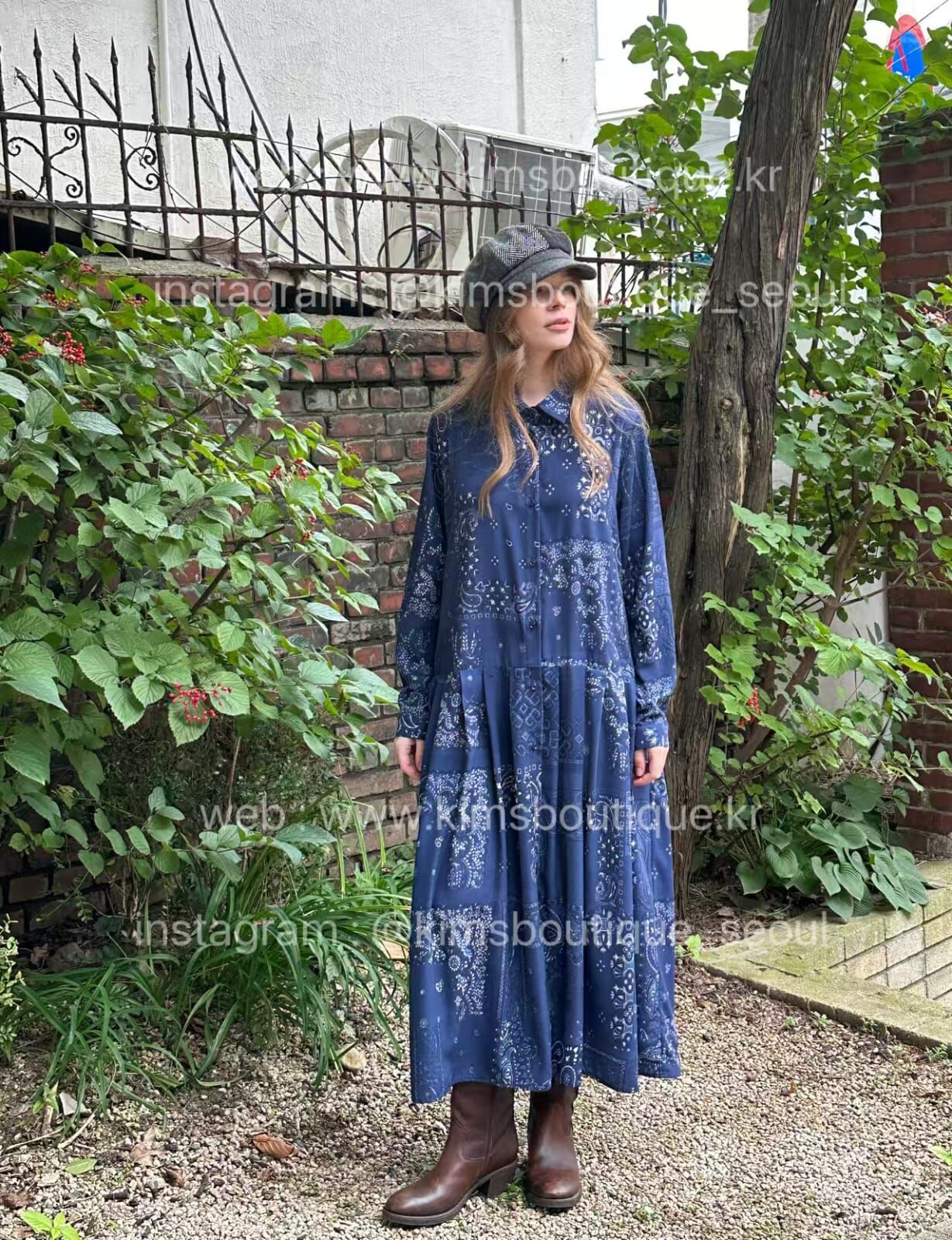 KM5210 藍色印花長袖連衣裙