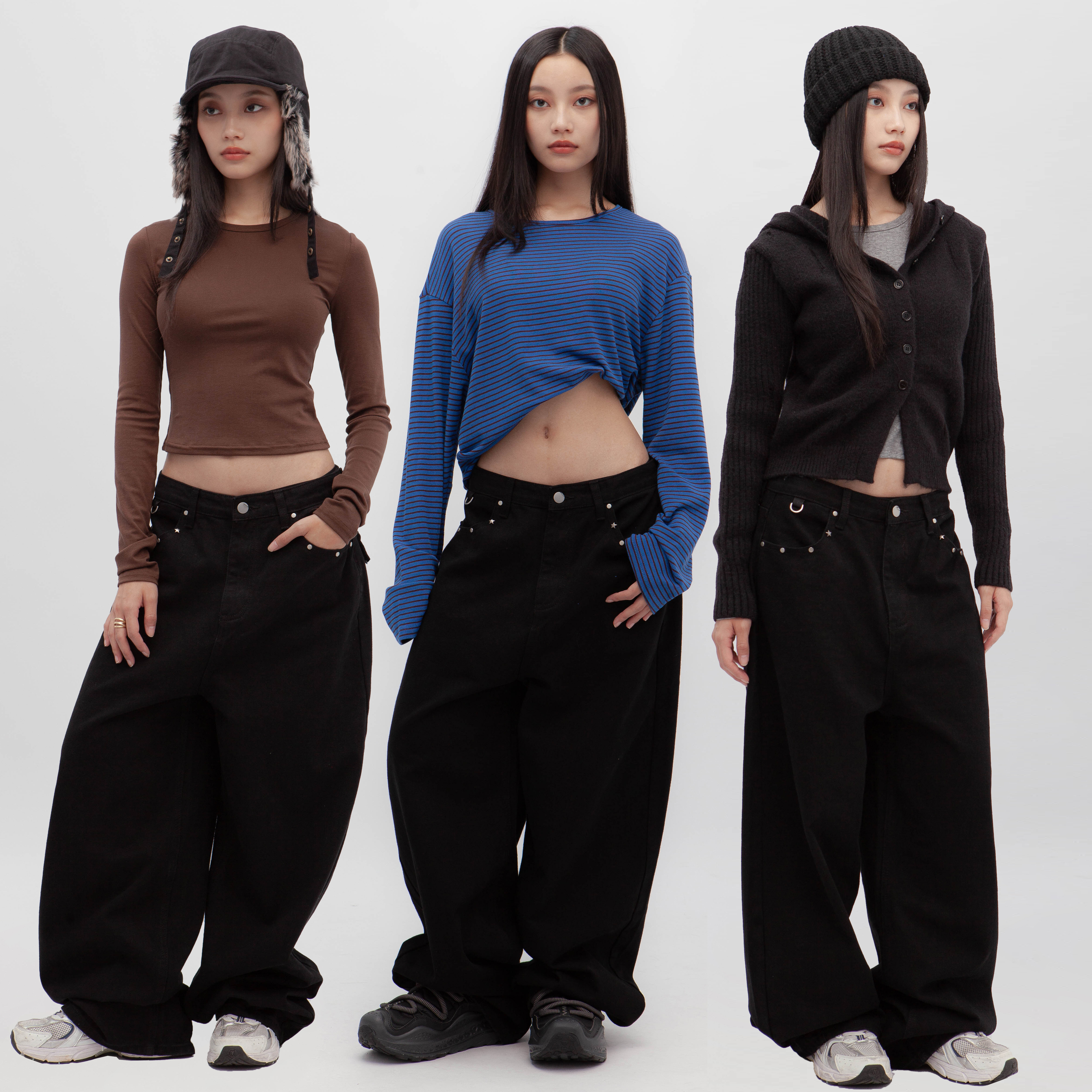 金屬飾釦寬版黑色牛仔褲