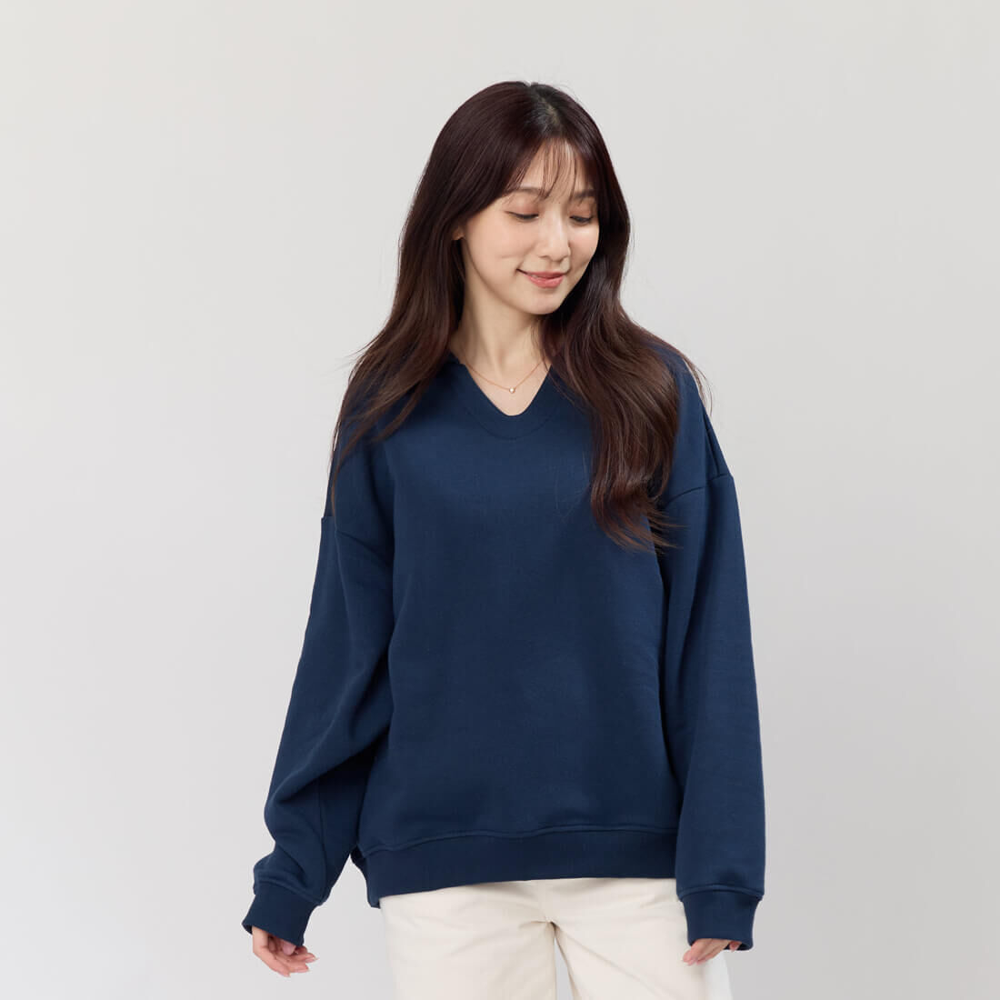 Ruth有領刷毛保暖長袖T恤/丈青