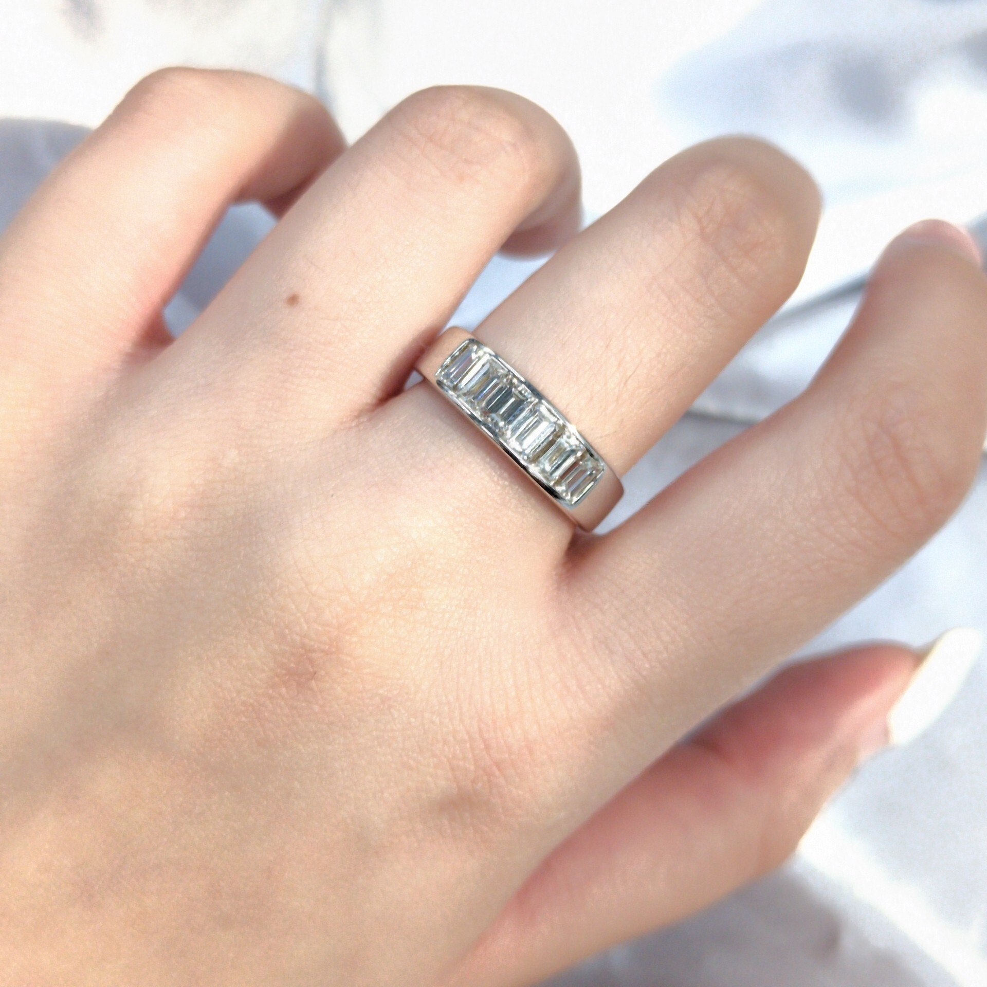 全新14K白金1卡10份方形鑽石戒指