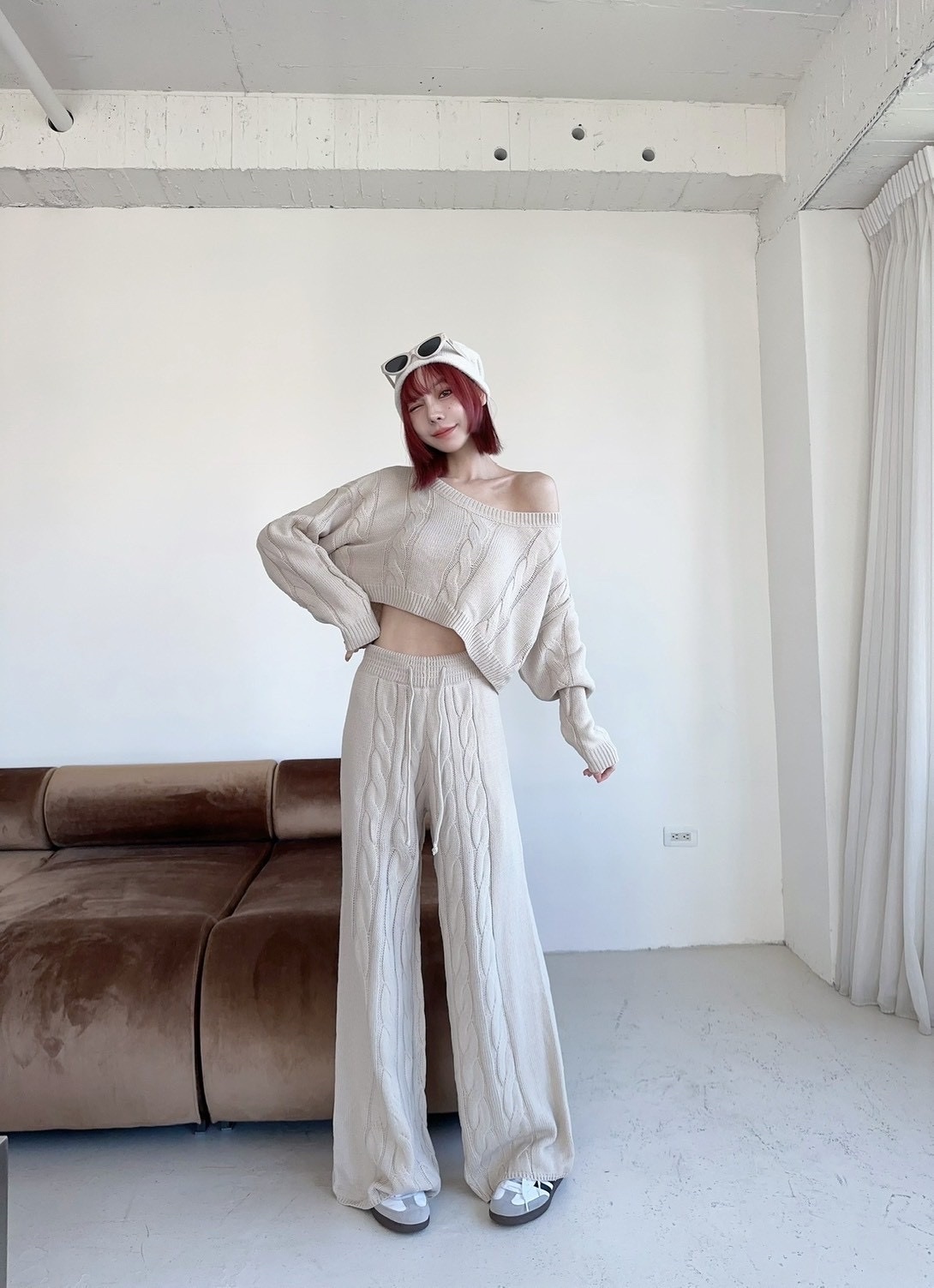 🇹🇼鬆弛感麻花針織抽繩落地長褲set