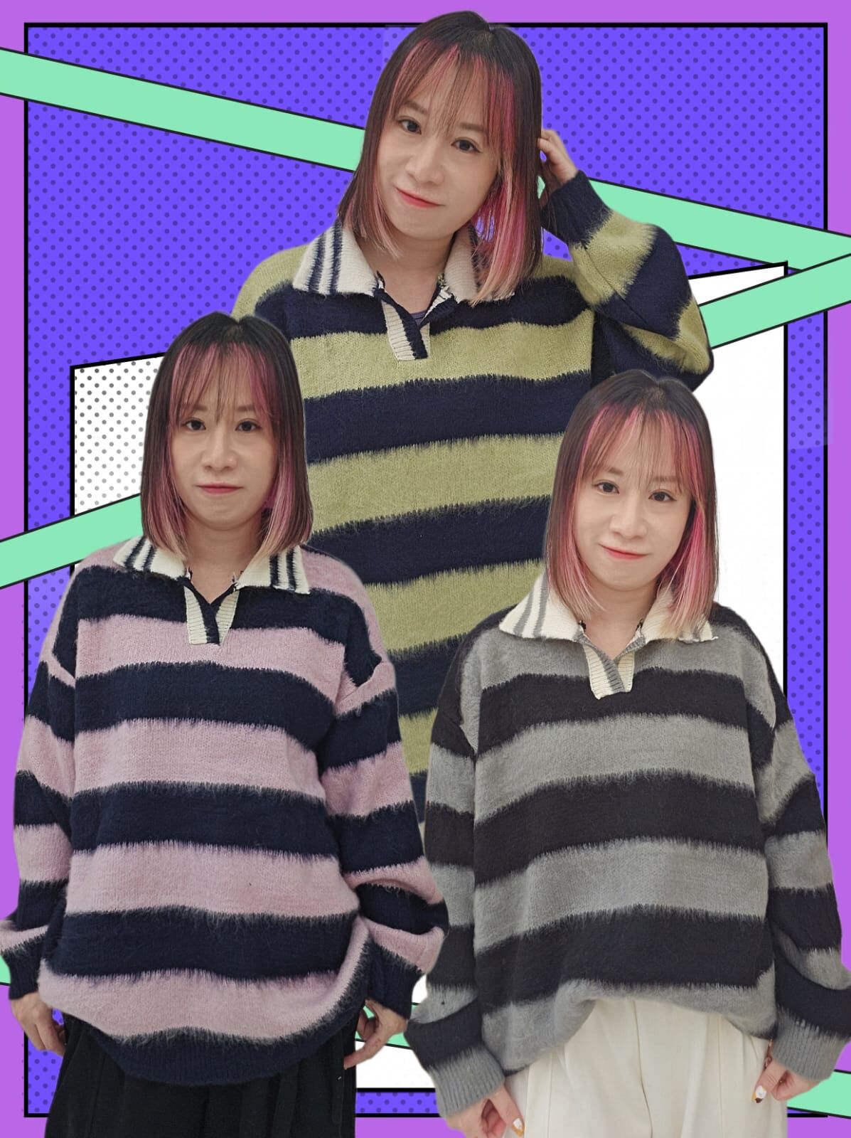 韓國 POLO領拼色橫間毛毛冷衫（K11 F223）