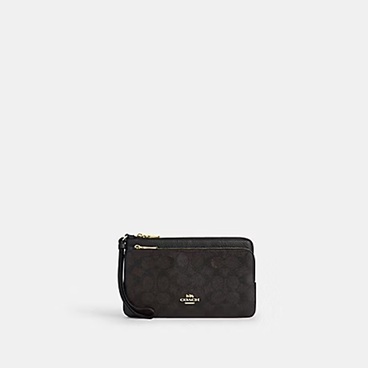 [U] COACH GOLD/WALNUT/BLACK CX161 DOUBLE ZIP WALLET IN SIGNATURE CANVAS, 196395663194 (UCO77)