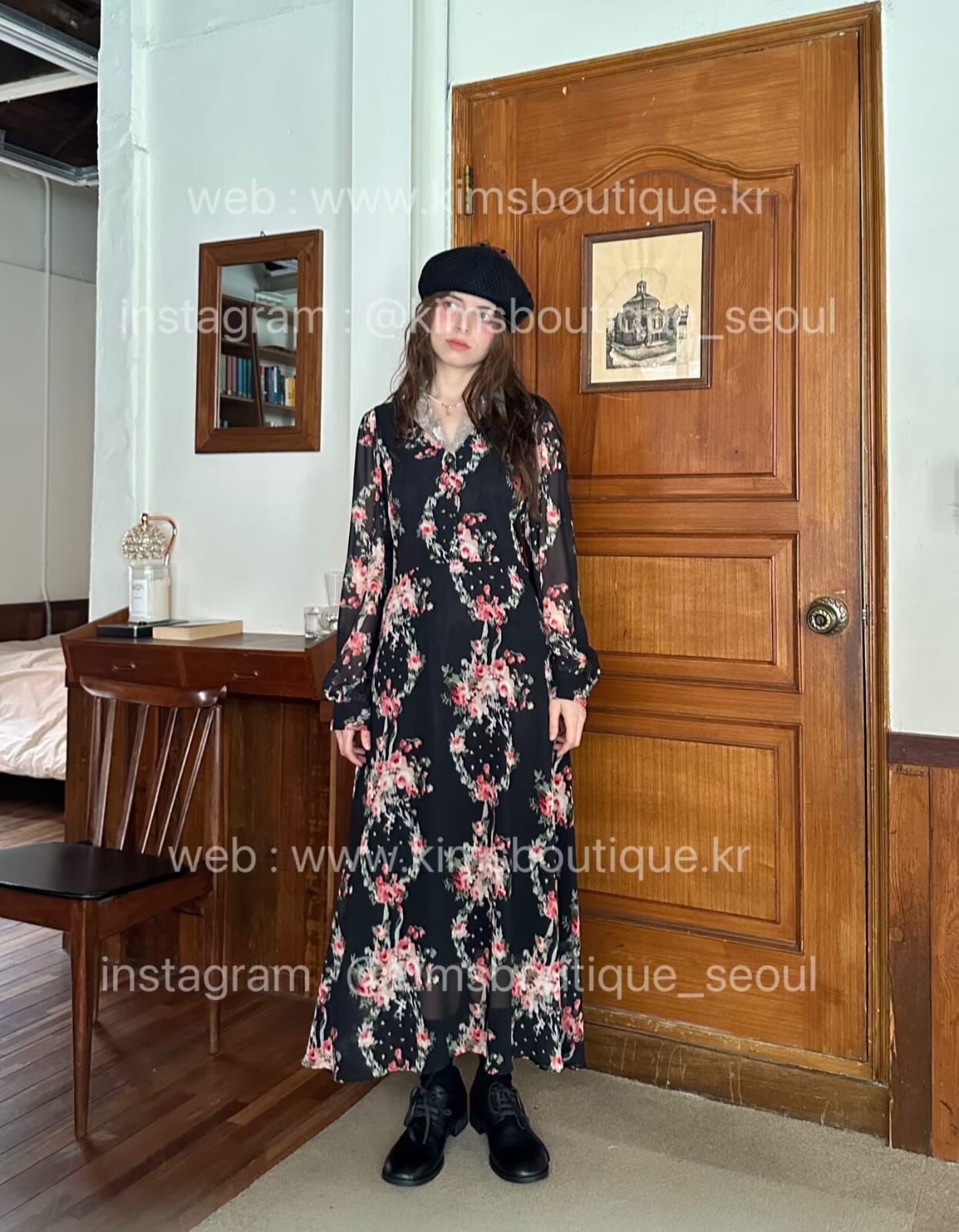 KM5227 高級美感碎花長袖連身裙