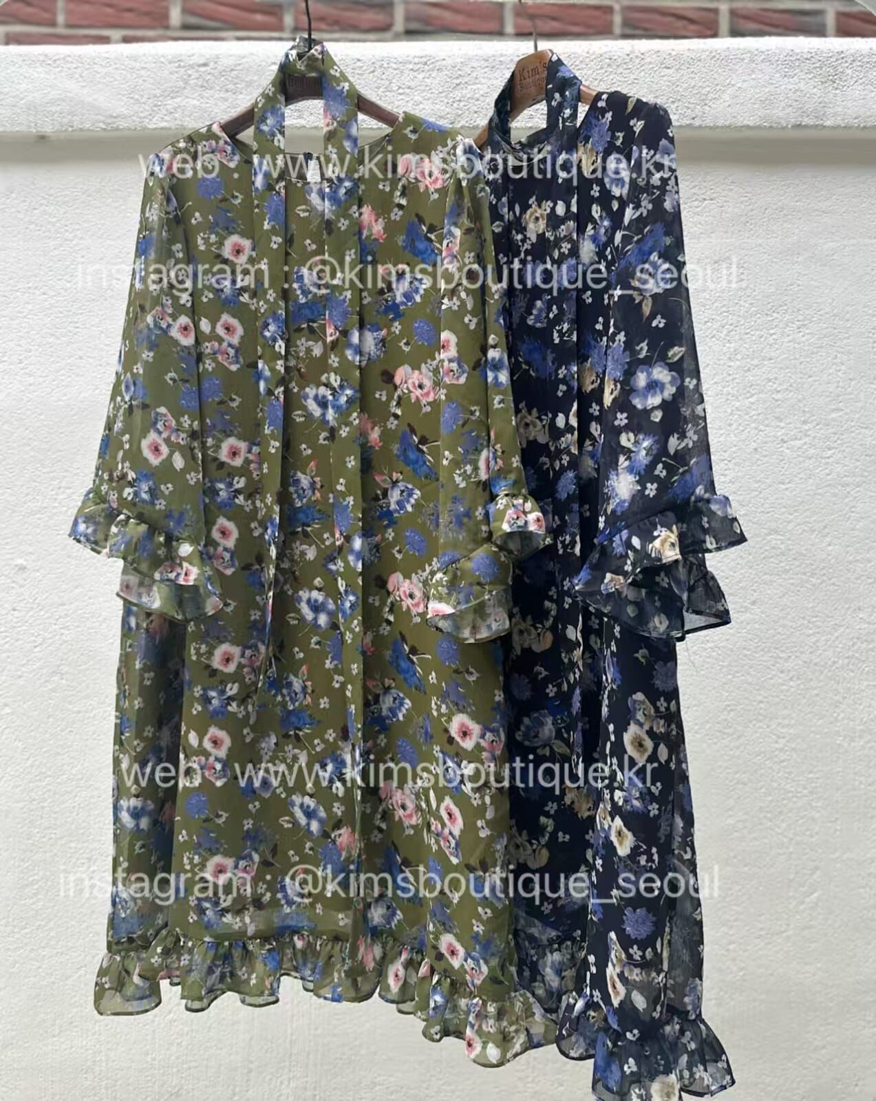 KM5228 荷葉邊袖口下擺印花雪紡裙