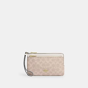 [U] COACH GOLD/SAND/CHALK CX161 DOUBLE ZIP WALLET IN SIGNATURE CANVAS, 196395665068 (UCO78)