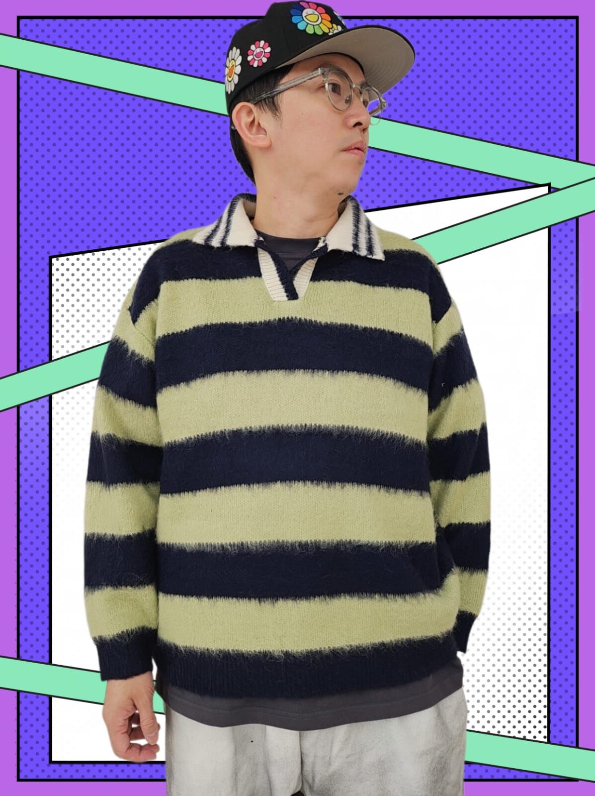 韓國 POLO領拼色橫間毛毛冷衫（K11 F223）