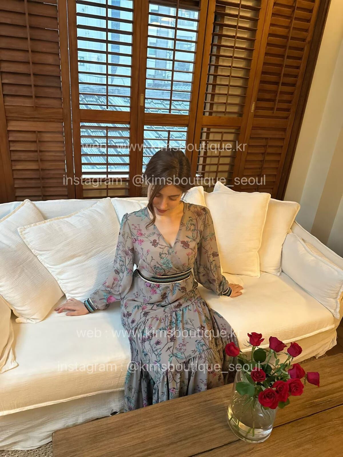 KM5233 交叉v領花花拼色連身裙