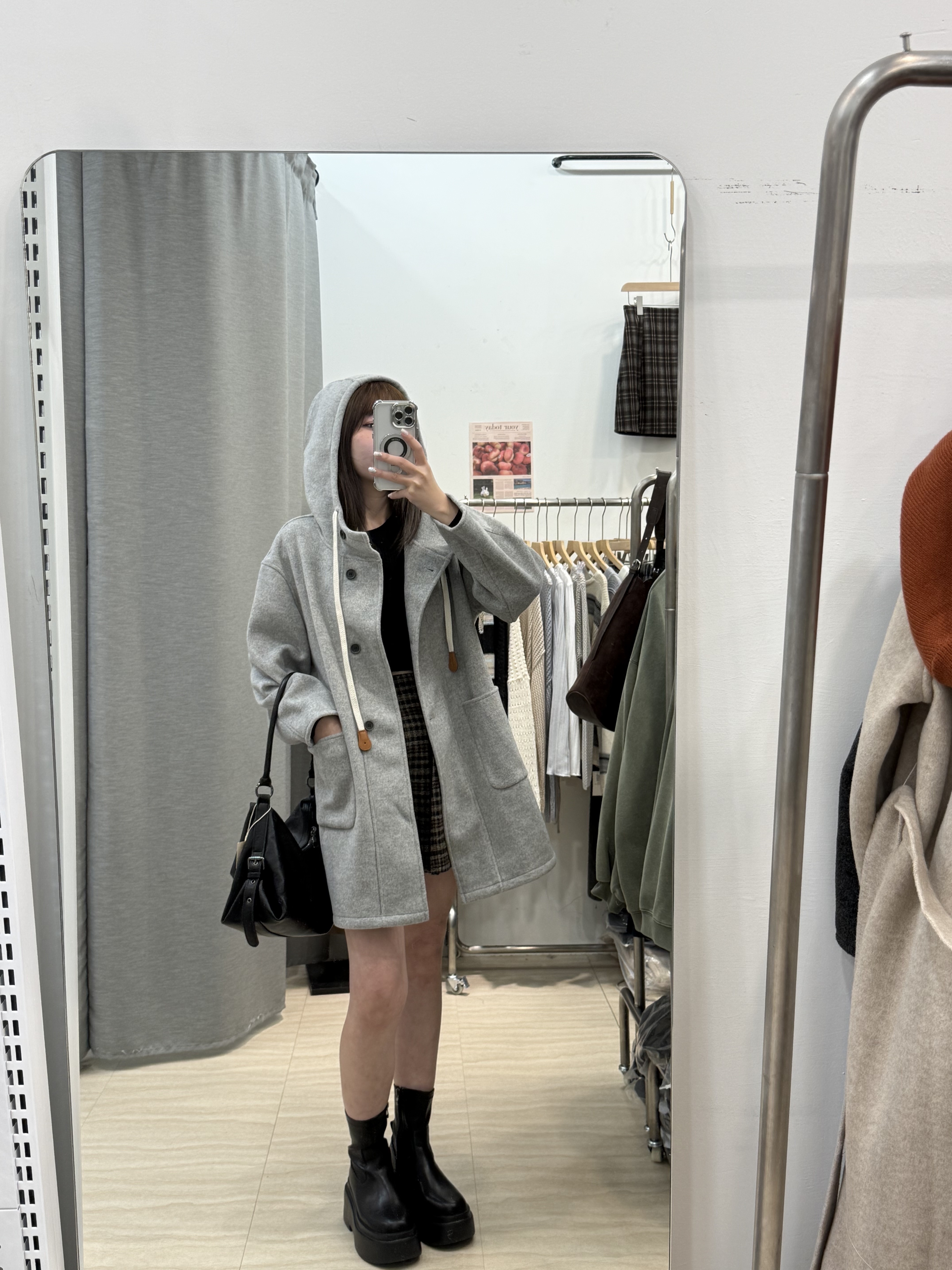 連帽長版毛呢外套