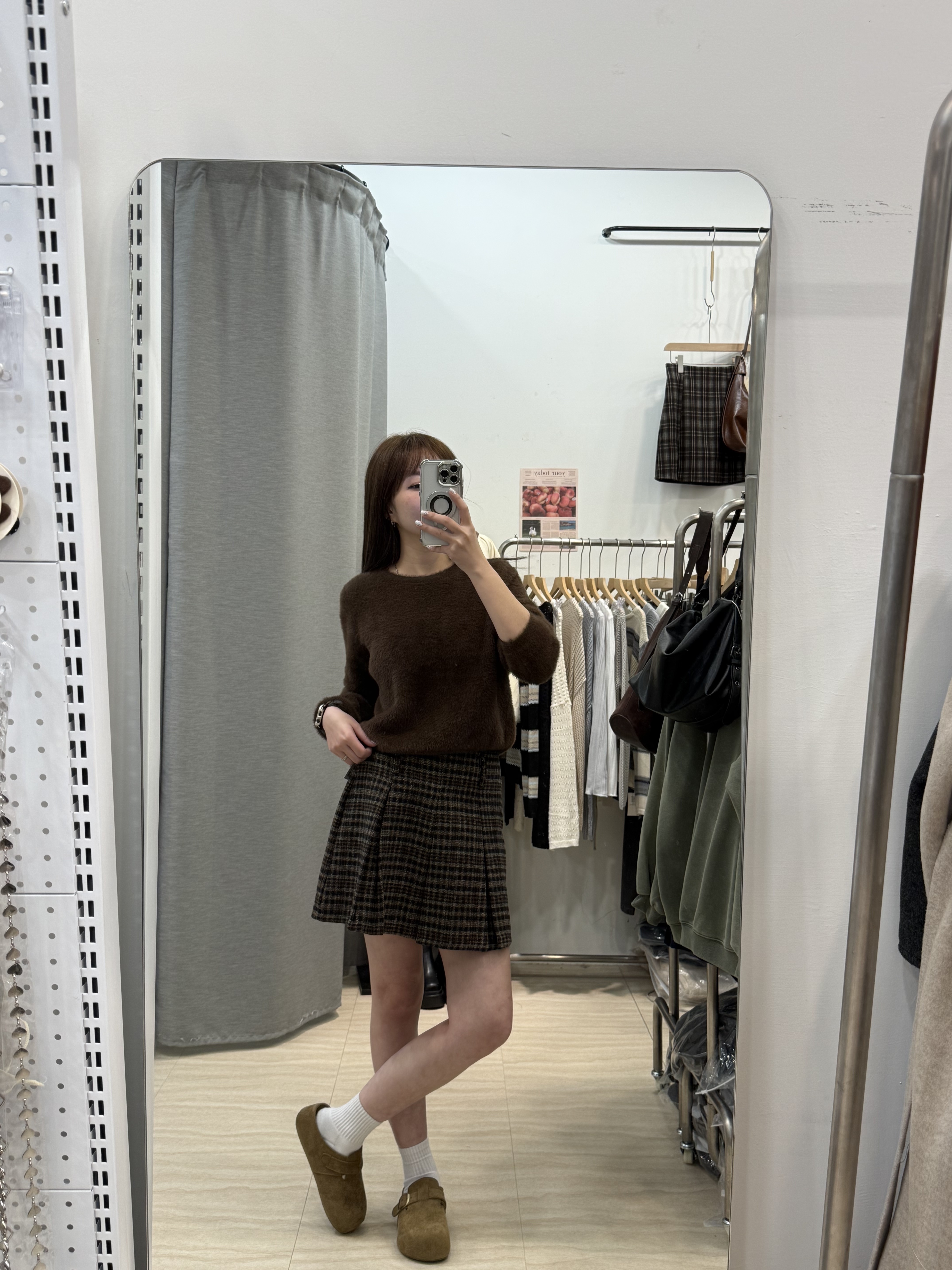 後鬆緊毛呢格子百摺短裙