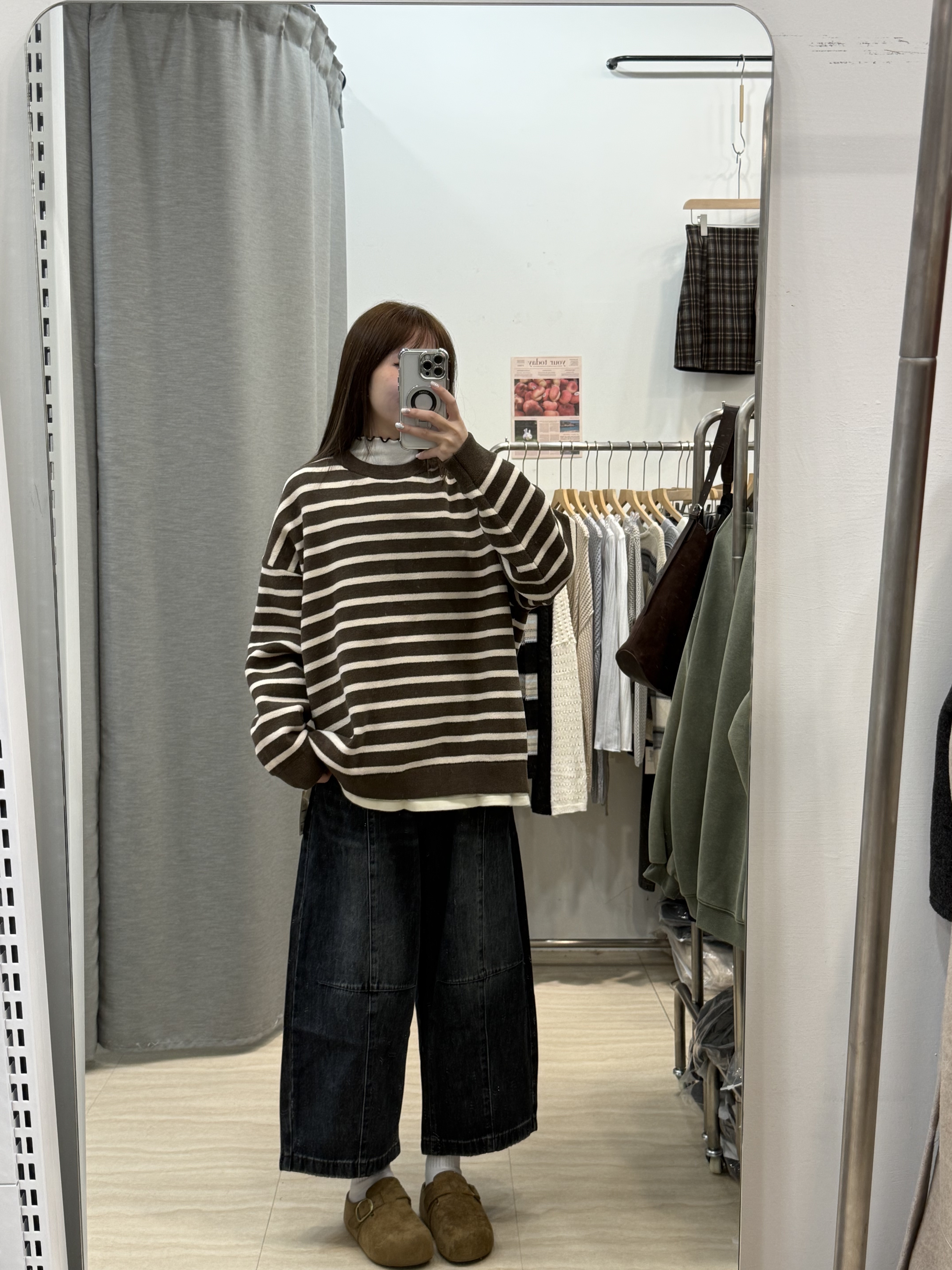 條紋假兩件藍利絨上衣