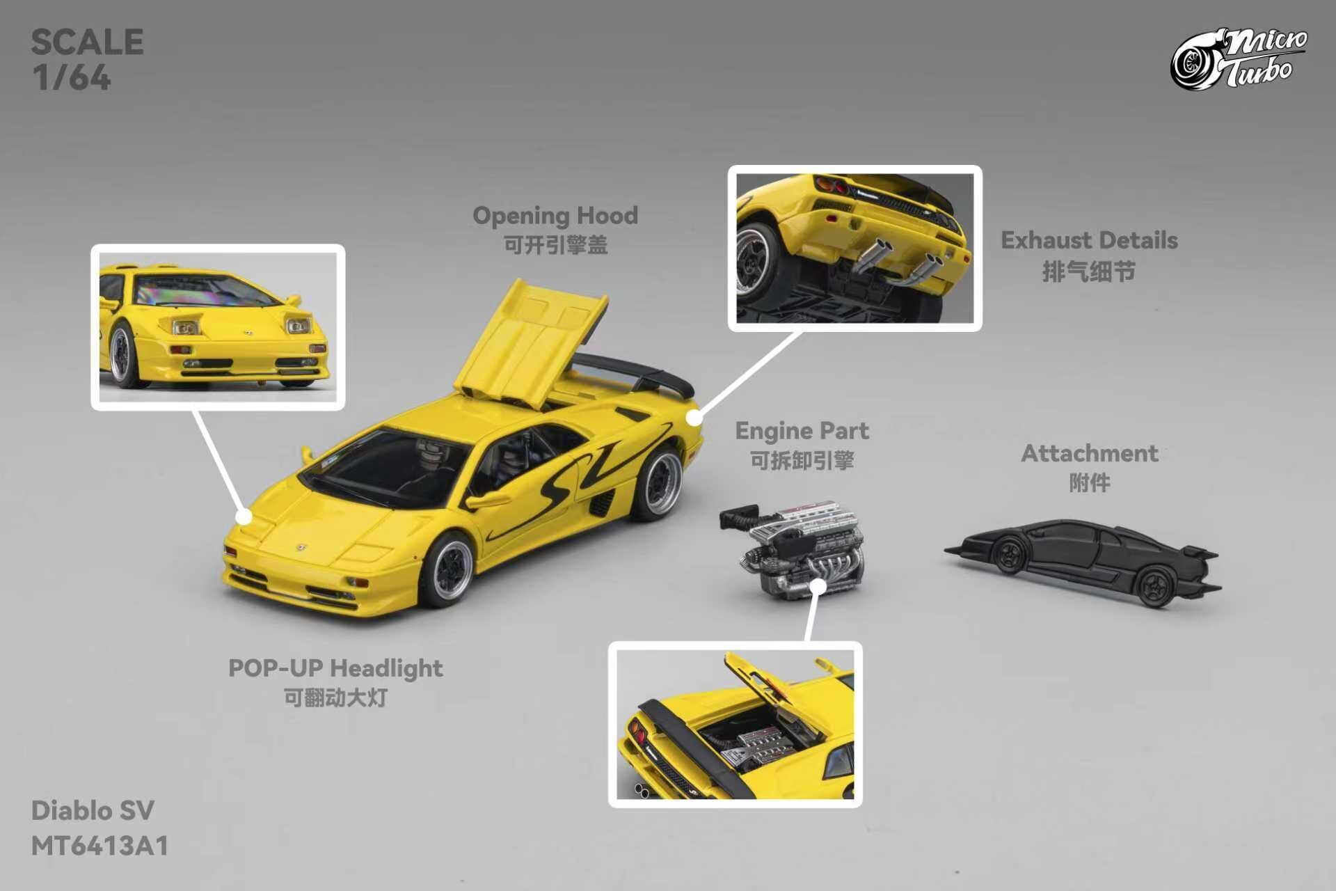 PO-$260 * MICRO TURBO * 1:64 LAMBORGHINI DIABLO SV METALLIC YELLOW