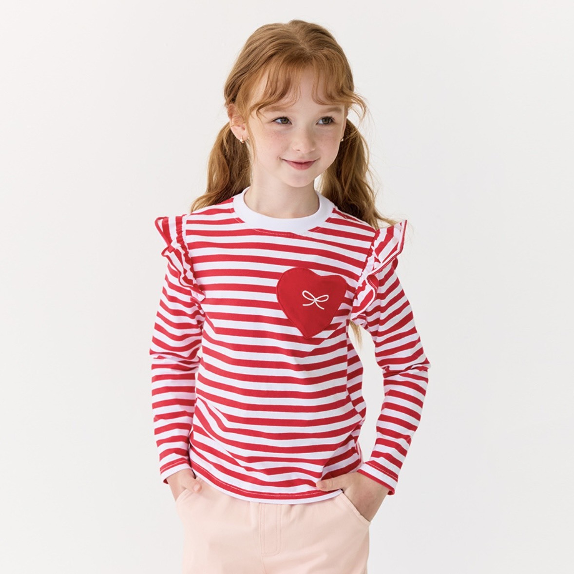 【現貨】120 BZ 心型口袋橫紋荷葉袖上衣