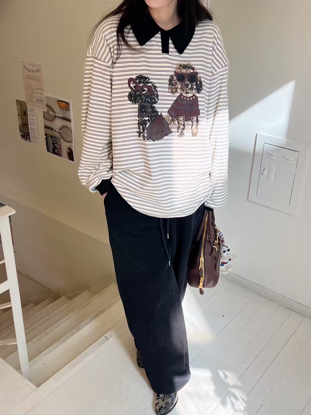 條紋狗狗黑領POLO衫